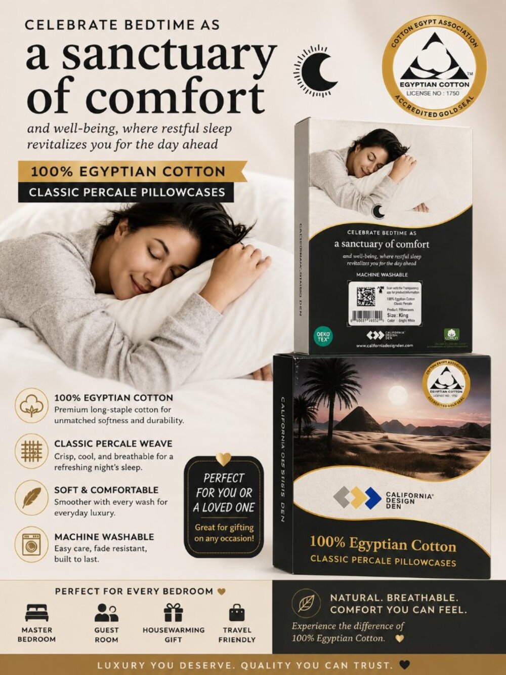California Design Den King Egyptian Cotton Pillowcases White Percale New